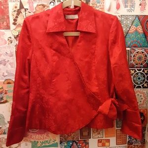 Kate Hill 6 M Y2K 100% Silk Red Rose Floral Wrap Tie Side Asian Jacket Blazer